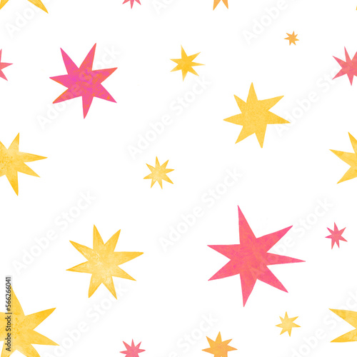 Seamless stars pattern. Golden and pink stars on white background. Bright colores  cute style. For children clothes  fabric  wallpaper  wrapping paper. Space or magic theme.