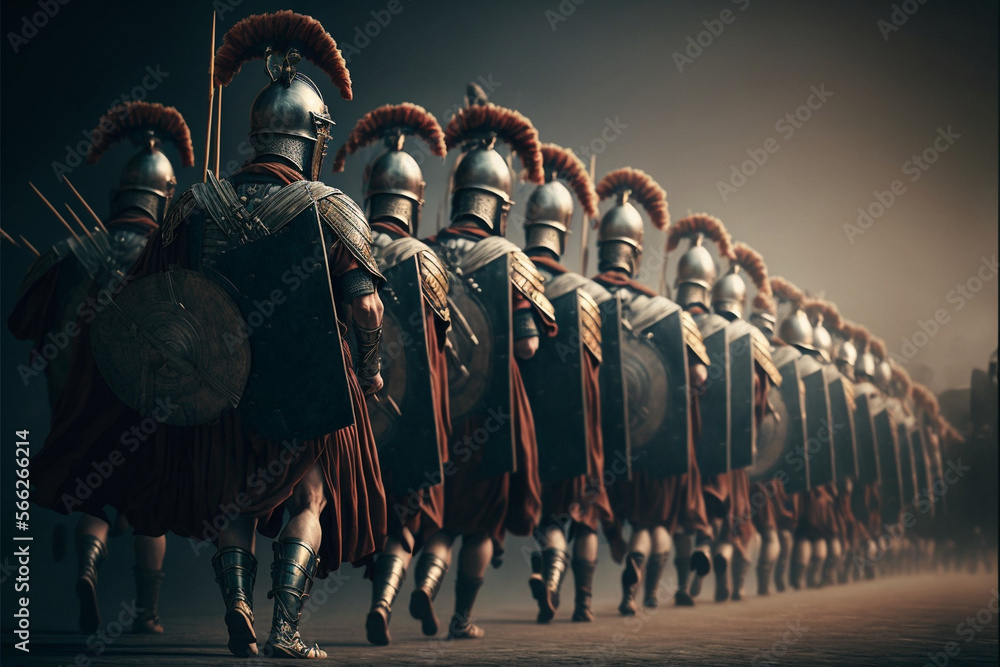 Roman legionnaires on the march, formation of ancient warriors, AI generated art - obrazy, fototapety, plakaty 