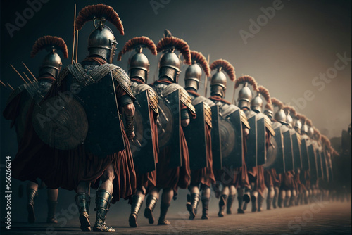 Roman legionnaires on the march, formation of ancient warriors, AI generated art photo