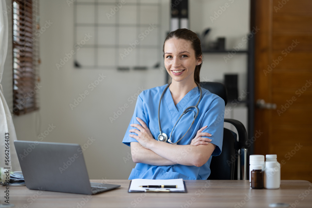 Fototapeta premium Professonal famale checking young woman heart rate. Medical care concept.