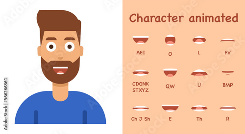 Character lip sync set. Cartoon man. Mouth and lips for sound pronunciation. Flat style. Vector illustration