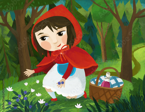 cartoon scene with little girl kid in red hood in forest