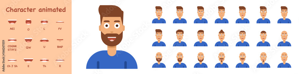 Character lip sync set. Cartoon man with different emotions, hairstyle and beard. Mouth and lips for sound pronunciation. Flat style. Vector illustration