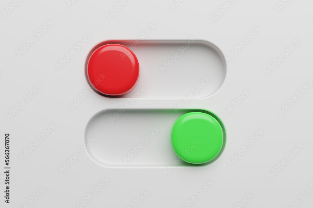 red and green toggle button in 3d render design. red and green toggle button in 3d render design.