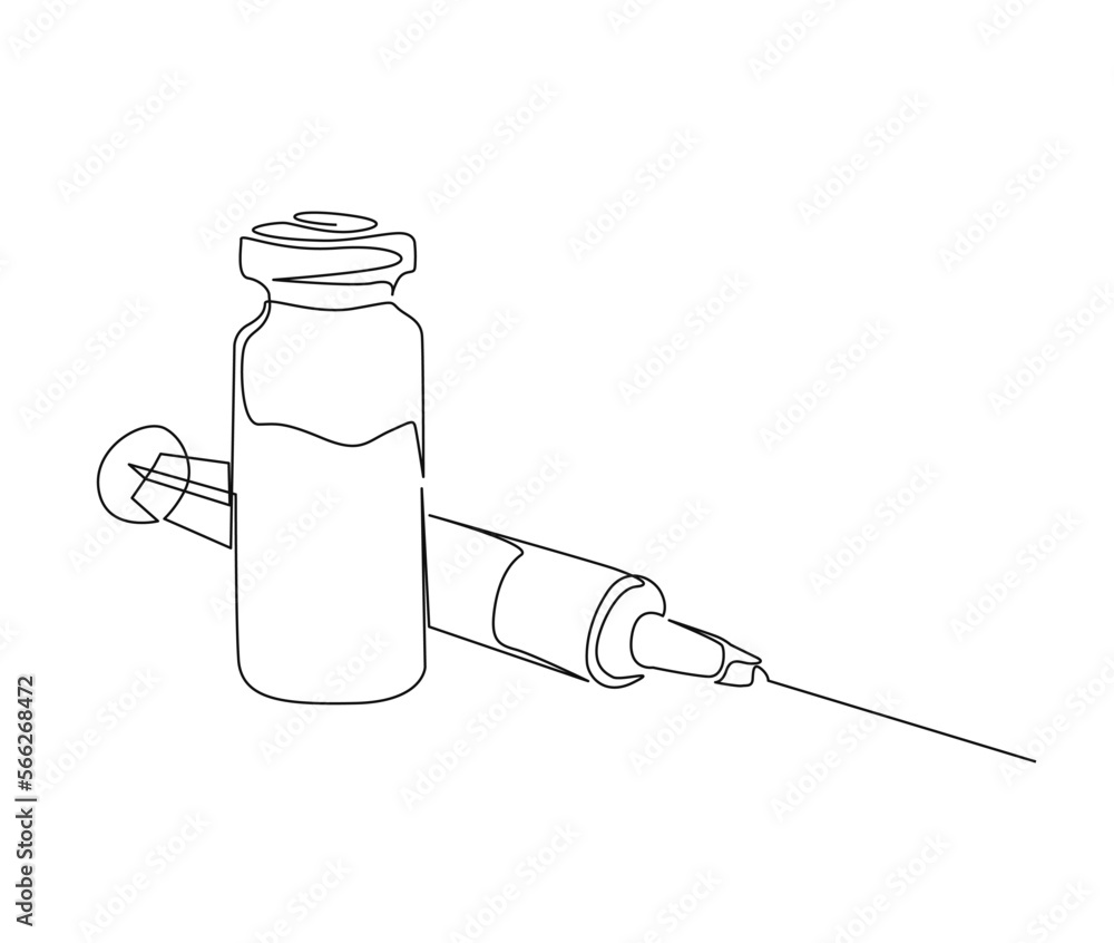 Continuous one line drawing of Syringe and vial. Simple illustration of