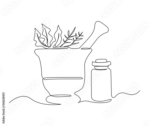 Continuous one line drawing of mortar with herbs . Simple illustration of traditional mortar line art vector illustration.