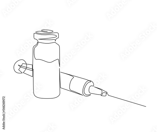 Continuous one line drawing of Syringe and vial. Simple illustration of Vaccine and Injection Syringe line art vector illustration.