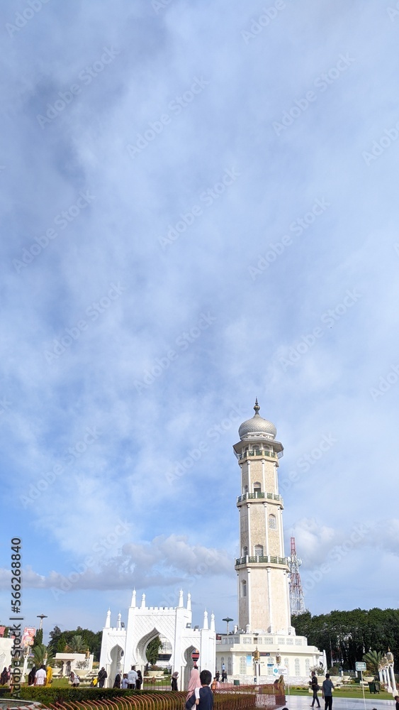 The minaret of the Baiturrahman Great Mosque in Banda Aceh during the day