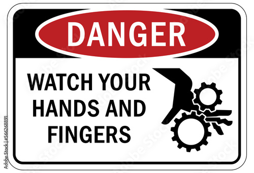 machine hazard sign and labels watch your hand finger
