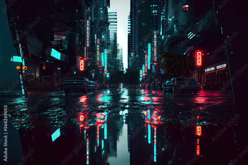 3D Rendering of neon mega city with light reflection from puddles on street heading toward buildings.