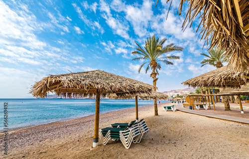 Early morning on sandy beach at the Red Sea near Eilat - famous tourist resor...