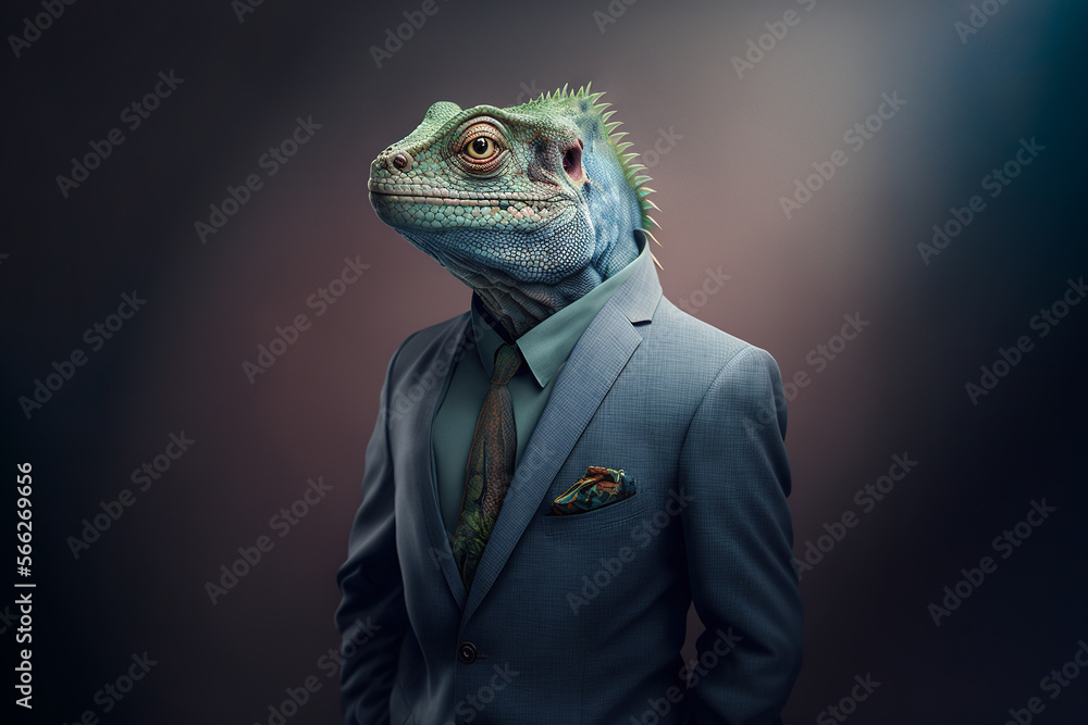 AI generated image of unrecognizable man in formal suit with iguana head AI generated image of unrecognizable man in formal suit with iguana head