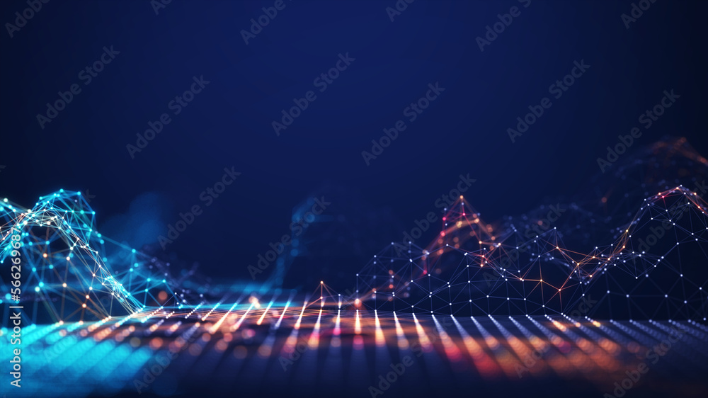 Abstract connected dots and lines. Concept of AI technology, Motion of digital data flow. Communication and technology network concept with moving lines and dots. 3D rendering - obrazy, fototapety, plakaty 