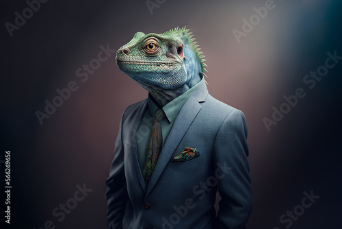 AI generated image of unrecognizable man in formal suit with iguana head