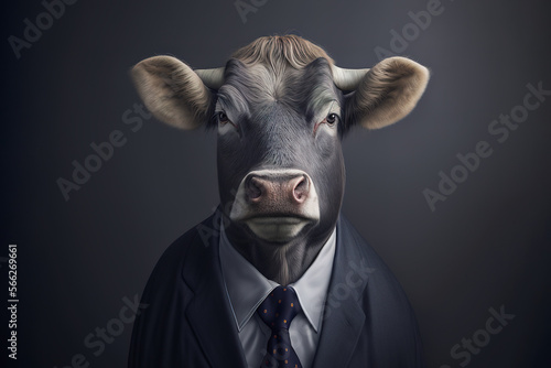 Generative AI illustration anthropomorphic portrait of cow in classy suit photo