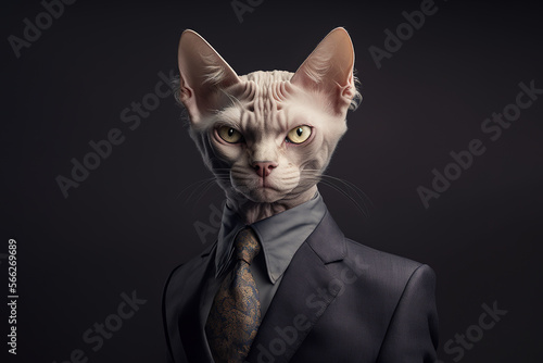 AI generated image of elegant executive with hairless cat head