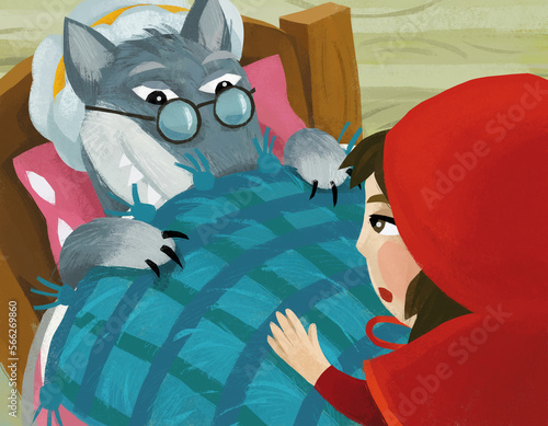 cartoon bad wolf in disguise of grandmother and girl