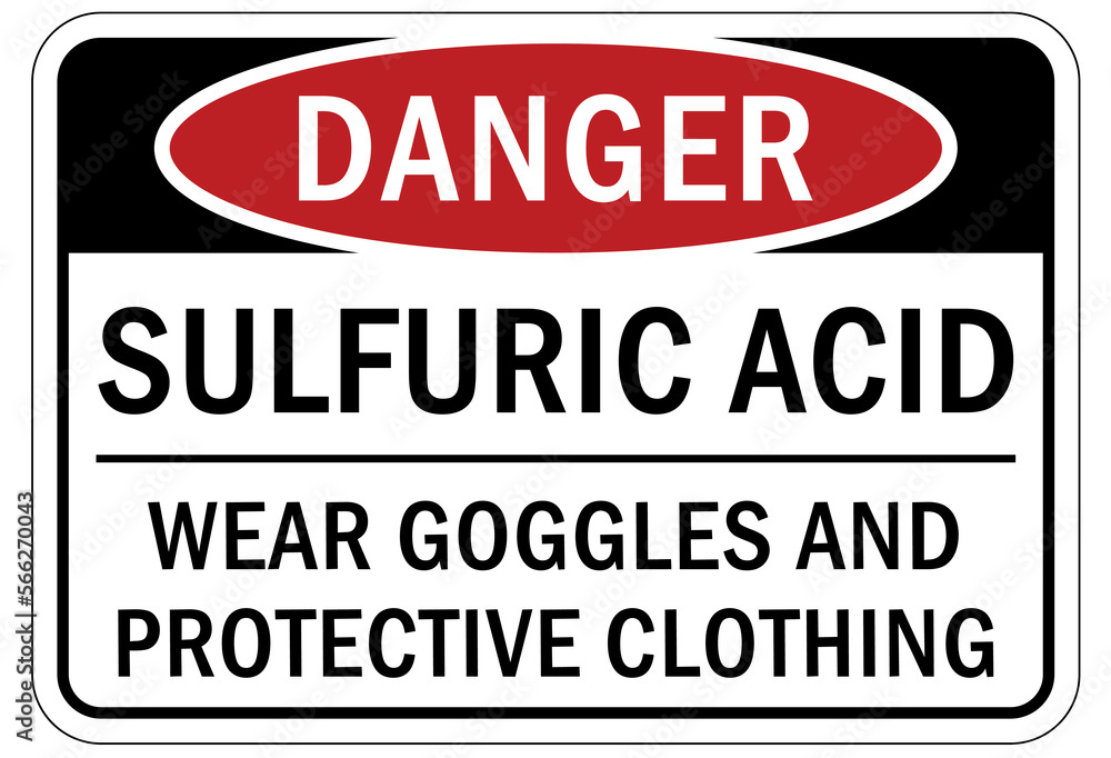 Protective equipment sign and labels sulfuric acid, wear goggles and protective clothing Protective equipment sign and labels sulfuric acid, wear goggles and protective clothing