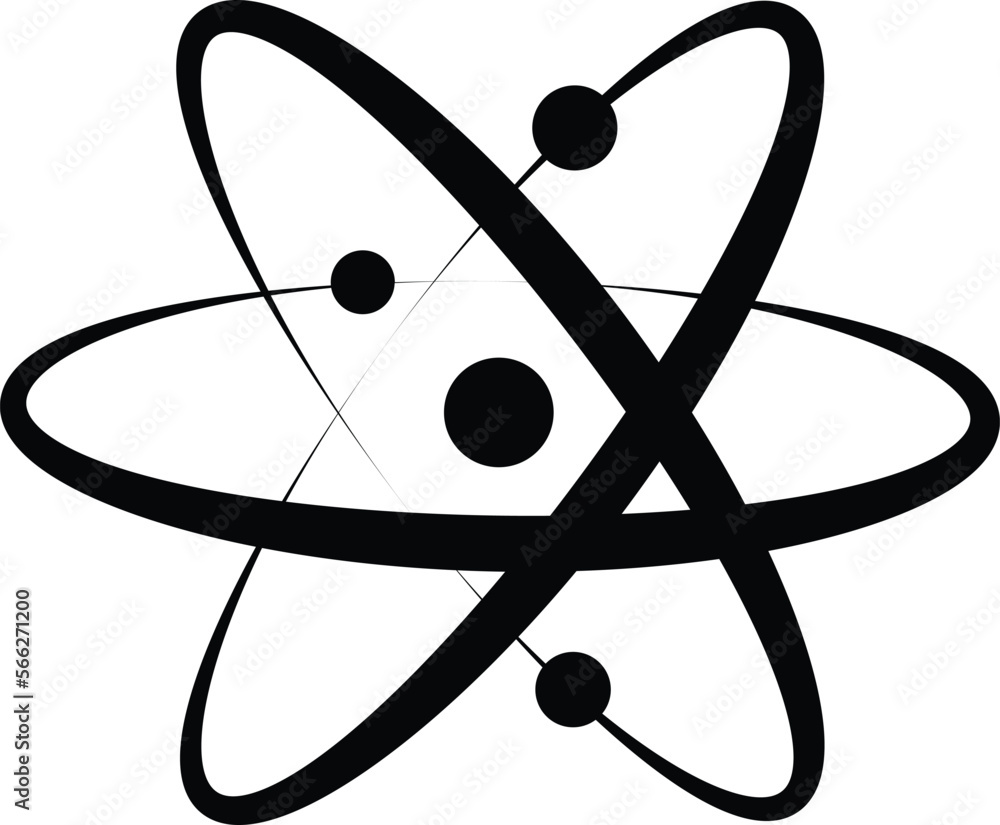 Atom icon. Logo atomic neutron black color isolated on white background. Nuclear atom. Icon nucleus. Orbit spin. Proton core symbol. Atom element. Science physics. Energy core. Vector illustration Atom icon. Logo atomic neutron black color isolated on white background. Nuclear atom. Icon nucleus. Orbit spin. Proton core symbol. Atom element. Science physics. Energy core. Vector illustration