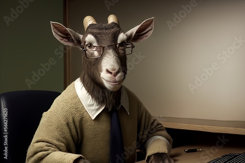 Goat - Close up portrait - Office worker at the desk - Generative AI