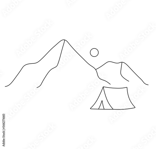 Vector isolated one single tourist tent in the mountains landscape colorless black and white contour line easy drawing