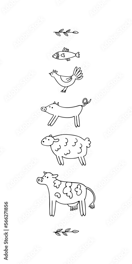 Set of farm animals with leaves. Doodle style. Hand drawn linear illustration. Black and white vector Set of farm animals with leaves. Doodle style. Hand drawn linear illustration. Black and white vector