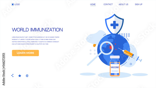 World immunization illlustration against flu. Covid vaccine concept. Medical shield with vaccine and syringe. 