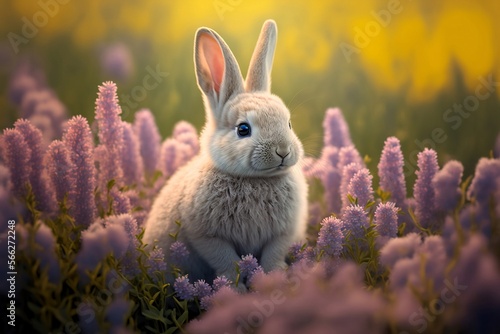 easter bunny in a field of flowers, Generative AI