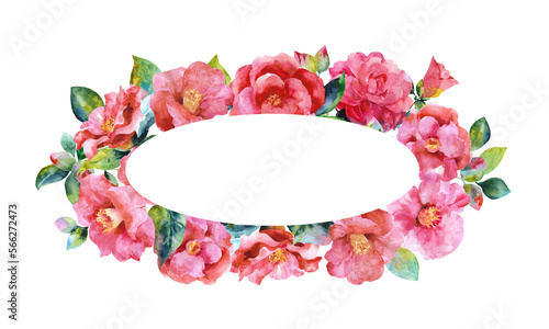 Flowers watercolor frame. Oval frame of camellia flowers