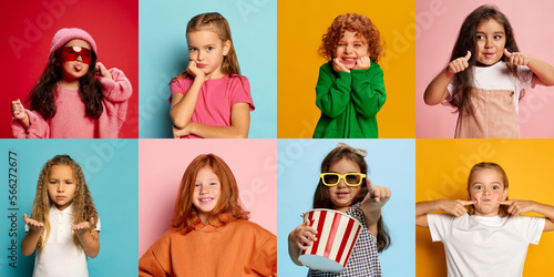 Collage. Diversity of emotions. Portraits of little girls, children showing different emotions, posing over multicolored background. Concept of emotions, facial expression, childhood, lifestyle