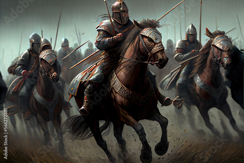 On the muddy grass, a group of heavy cavalry in full body armor attacked the enemy's heavy infantry phalanx photo