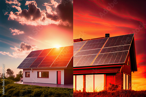 Photo of solar photovoltaic panels on a red roof and beautiful sky at sunset.