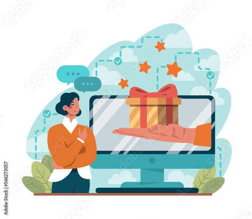 Happy people with gift boxes. Character holding, recieving or giving