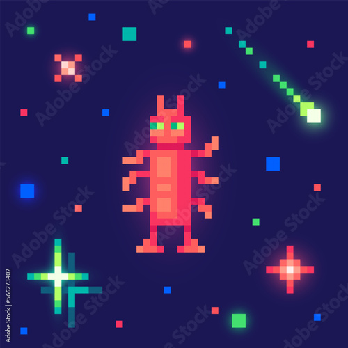 Alien in outer space. Cute monster in pixel art. 8 bit retro style vector illustration