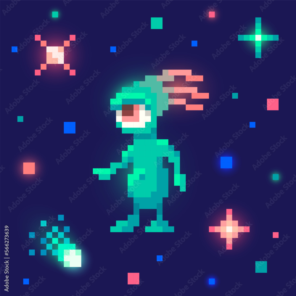 Obraz premium Alien in outer space. Cute monster in pixel art. 8 bit retro style vector illustration