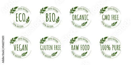 Eco friendly labels icon set. Natural organic ecology green stickers for product packaging design. Eco friendly minimal graphic green badges design elements. Flat style gradient vector illustrations.