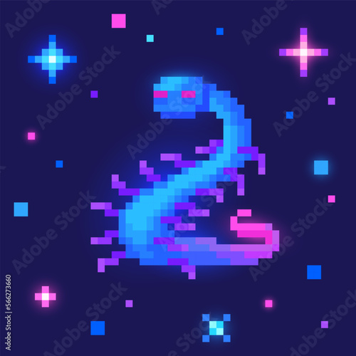Alien in outer space. Cute monster in pixel art. 8 bit retro style vector illustration