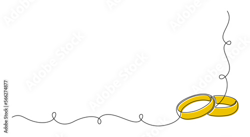 One continuous line drawing of Wedding rings. Romantic elegance concept and symbol proposal engagement and love marriage in simple linear style. Editable stroke. Doodle vector illustration