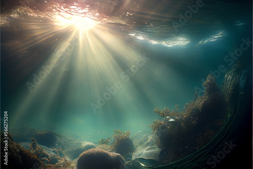 Sun beams under water. Generative AI