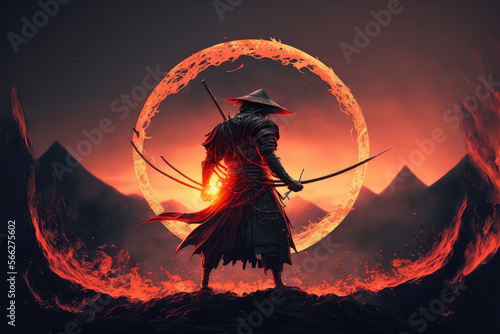 A samurai in a demonic red mask on the battlefield makes a swing with a katana creating a sizzling fire ring around, he is a mystical martial. illustration painting (ai generated) photo