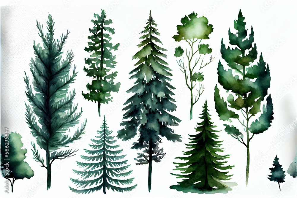 Forest fir trees set. Hand drawn watercolor illustration isolated on white background. Generative AI