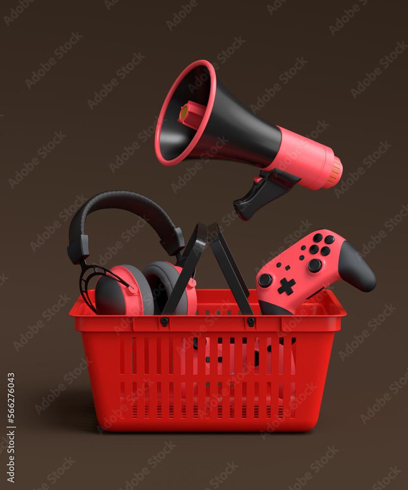 Fototapeta premium Gamer gears like headset, headphones and joystick in plastic basket on dark