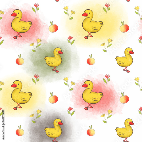 endless pattern with ducks and apples with colored background