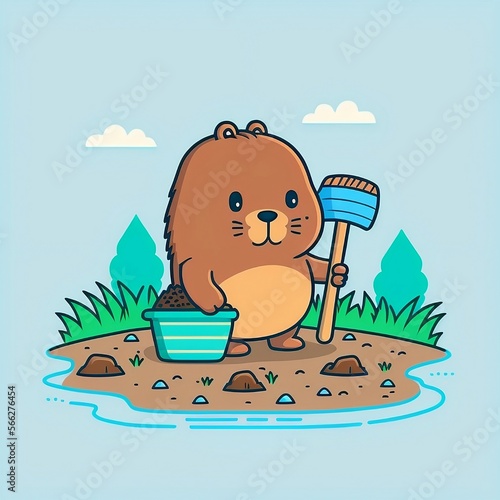 Bever on the beach with a busy personality cute cartoon - illustration - AI generated photo