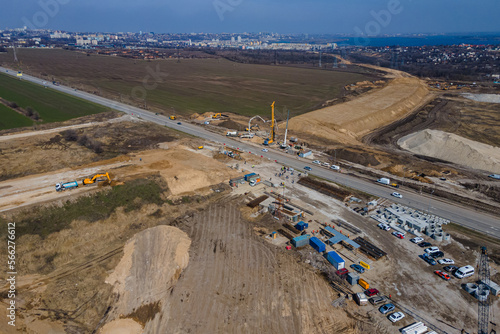  Road construction. New section of the road. Top view of the construction of transport interchanges in the region. heavy machinery