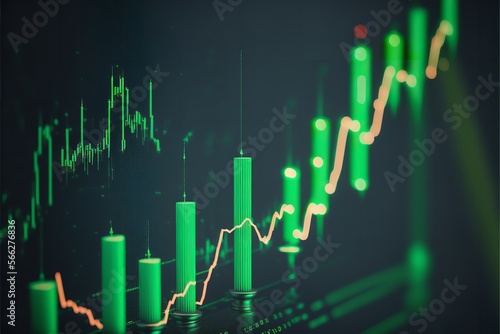 Chart of the stock market showing rising green candlesticks, which represents the value of cryptocurrency. Past price changes of digital currencies are shown graphically by volumes and time intervals.
