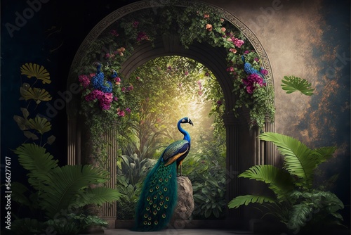 3D rendering of a tropical jungle with a peacock and leaves, flowers, and an arch in the distance. Generative Ai. photo
