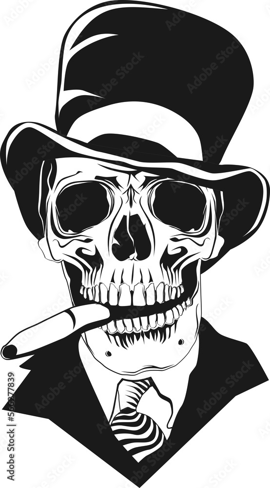Front view of a skull with a hat and a cigar. Front view of a skull with a hat and a cigar.