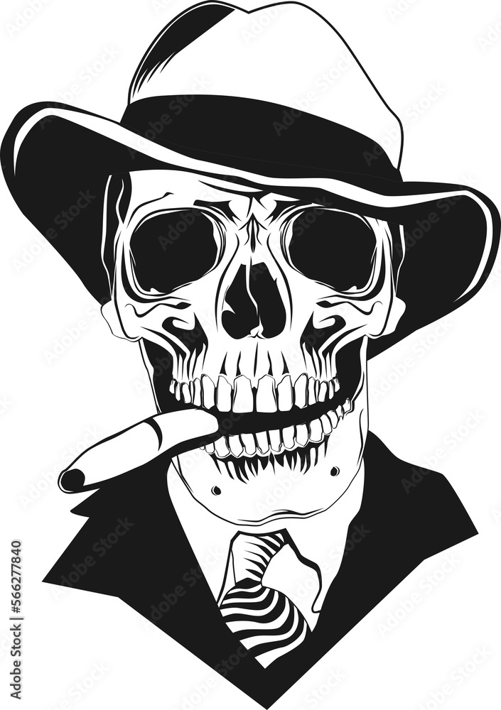 Front view of a skull with a hat and a cigar. Front view of a skull with a hat and a cigar.