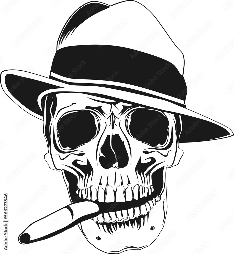 Front view of a skull with a hat and a cigar. Front view of a skull with a hat and a cigar.